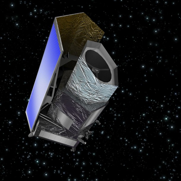 This artist's concept shows the Euclid spacecraft. The telescope will launch to an orbit around the sun-Earth Lagrange point L2. The Lagrange point is a location where the gravitational pull of two large masses, the sun and Earth in this case, precisely equals the force required for a small object, such as the Euclid spacecraft, to maintain a relatively stationary position behind Earth as seen from the sun. Image credit: ESA/C. Carreau This artist's concept shows the Euclid spacecraft. The telescope will launch to an orbit around the sun-Earth Lagrange point L2. The Lagrange point is a location where the gravitational pull of two large masses, the sun and Earth in this case, precisely equals the force required for a small object, such as the Euclid spacecraft, to maintain a relatively stationary position behind Earth as seen from the sun. Image credit: ESA/C. Carreau