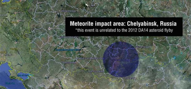 A meteor seen flying over Russia on Feb. 15 at 3:20: 26 UTC impacted Chelyabinsk. Preliminary information is that this object was unrelated to asteroid 2012 DA14, which made a safe pass by Earth today. Image credit: Google Earth, NASA/JPL-Caltech A meteor seen flying over Russia on Feb. 15 at 3:20: 26 UTC impacted Chelyabinsk. Preliminary information is that this object was unrelated to asteroid 2012 DA14, which made a safe pass by Earth today. Image credit: Google Earth, NASA/JPL-Caltech