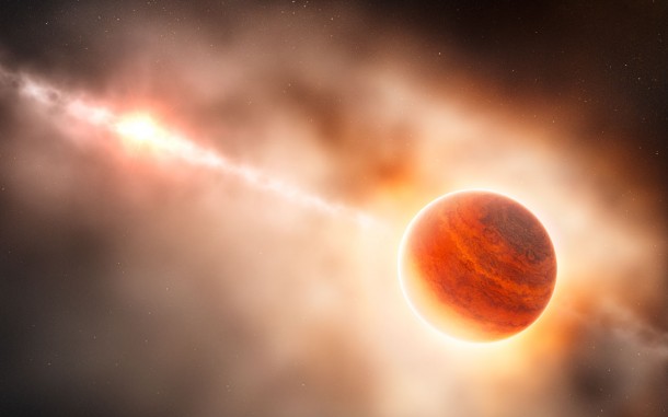This artist’s impression shows the formation of a gas giant planet in the ring of dust around the young star HD 100546. This system is also suspected to contain another large planet orbiting closer to the star. The newly-discovered object lies about 70 times further from its star than the Earth does from the Sun. This protoplanet is surrounded by a thick cloud of material so that, seen from this position, its star almost invisible and red in colour because of the scattering of light from the dust. Credit: ESO/L. Calçada This artist’s impression shows the formation of a gas giant planet in the ring of dust around the young star HD 100546. This system is also suspected to contain another large planet orbiting closer to the star. The newly-discovered object lies about 70 times further from its star than the Earth does from the Sun. This protoplanet is surrounded by a thick cloud of material so that, seen from this position, its star almost invisible and red in colour because of the scattering of light from the dust. Credit: ESO/L. Calçada