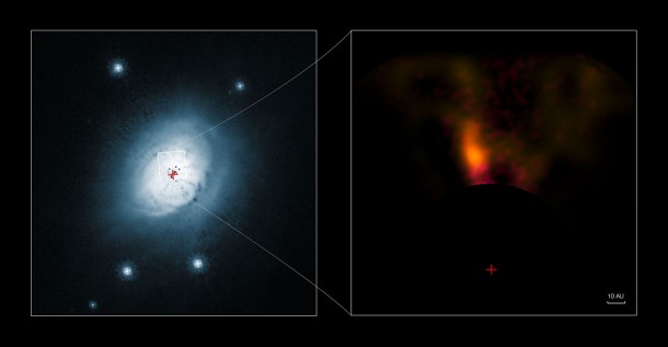 This composite image shows a view from the NASA/ESA Hubble Space Telescope (left) and from the NACO system on ESO’s Very Large Telescope (right) of the gas and dust around the young star HD 100546. The Hubble visible-light image shows the outer disc of gas and dust around the star. The new infrared VLT picture of a small part of the disc shows a candidate protoplanet. Both pictures were taken with a special coronagraph that suppresses the light from the brilliant star. The position of the star is marked with a red cross in both panels. Credit: ESO/NASA/ESA/Ardila et al. This composite image shows a view from the NASA/ESA Hubble Space Telescope (left) and from the NACO system on ESO’s Very Large Telescope (right) of the gas and dust around the young star HD 100546. The Hubble visible-light image shows the outer disc of gas and dust around the star. The new infrared VLT picture of a small part of the disc shows a candidate protoplanet. Both pictures were taken with a special coronagraph that suppresses the light from the brilliant star. The position of the star is marked with a red cross in both panels. Credit: ESO/NASA/ESA/Ardila et al.