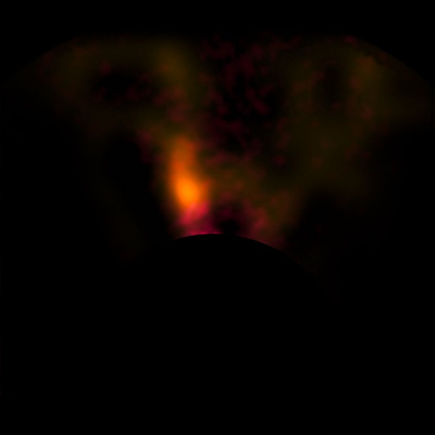 This image from the NACO system on ESO’s Very Large Telescope shows a candidate protoplanet in the disc of gas and dust around the young star HD100546. This picture was taken with a special coronagraph that suppresses the light from the brilliant star and allows the region of the protoplanet to be seen in great detail. The brightest part of this picture is the candidate protoplanet and the dark disc at the bottom is hiding the very bright star itself. Credit: ESO This image from the NACO system on ESO’s Very Large Telescope shows a candidate protoplanet in the disc of gas and dust around the young star HD100546. This picture was taken with a special coronagraph that suppresses the light from the brilliant star and allows the region of the protoplanet to be seen in great detail. The brightest part of this picture is the candidate protoplanet and the dark disc at the bottom is hiding the very bright star itself. Credit: ESO