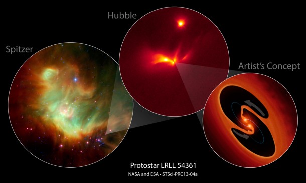 NASA's Spitzer and Hubble space telescopes have teamed up to uncover a mysterious infant star that behaves like a police strobe light. Image credit: NASA/ESA/JPL-Caltech/STScI/NOAO/University of Arizona/ Max Planck Institute for Astronomy/University of Massachusetts, Amherst NASA's Spitzer and Hubble space telescopes have teamed up to uncover a mysterious infant star that behaves like a police strobe light. Image credit: NASA/ESA/JPL-Caltech/STScI/NOAO/University of Arizona/ Max Planck Institute for Astronomy/University of Massachusetts, Amherst