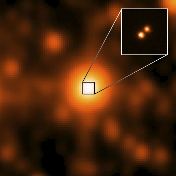 WISE J104915.57-531906 is at the center of the larger image, which was taken by the WISE satellite. It appeared to be a single object, but a sharper image from Gemini Observatory revealed that it was binary star system. Credit: NASA/JPL/Gemini Observatory/AURA/NSF WISE J104915.57-531906 is at the center of the larger image, which was taken by the WISE satellite. It appeared to be a single object, but a sharper image from Gemini Observatory revealed that it was binary star system. Credit: NASA/JPL/Gemini Observatory/AURA/NSF