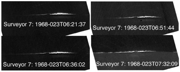These are photos of low-level Lunar Horizon Glow observed by Surveyor 7; white streaks are glows observed at different times. Credit: NASA These are photos of low-level Lunar Horizon Glow observed by Surveyor 7; white streaks are glows observed at different times. Credit: NASA