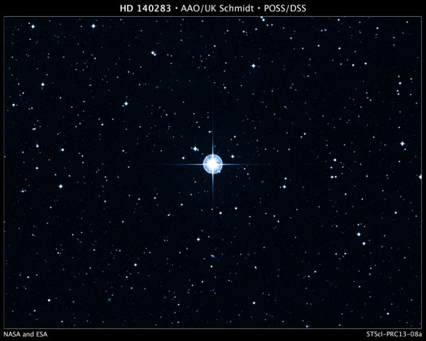 This is a Digitized Sky Survey image of the oldest star with a well-determined age in our galaxy. The aging star, cataloged as HD 140283, lies 190.1 light-years away. The Anglo-Australian Observatory (AAO) UK Schmidt telescope photographed the star in blue light. Credit: Digitized Sky Survey (DSS), STScI/AURA, Palomar/Caltech, and UKSTU/AAO This is a Digitized Sky Survey image of the oldest star with a well-determined age in our galaxy. The aging star, cataloged as HD 140283, lies 190.1 light-years away. The Anglo-Australian Observatory (AAO) UK Schmidt telescope photographed the star in blue light. Credit: Digitized Sky Survey (DSS), STScI/AURA, Palomar/Caltech, and UKSTU/AAO