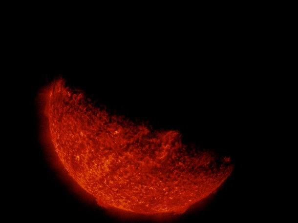 The view of the sun is partially obscured by Earth as seen by NASA’s Solar Dynamics Observatory on Mar. 11, 2013, at 2:20 a.m. EDT. Credit: NASA/SDO The view of the sun is partially obscured by Earth as seen by NASA’s Solar Dynamics Observatory on Mar. 11, 2013, at 2:20 a.m. EDT. Credit: NASA/SDO