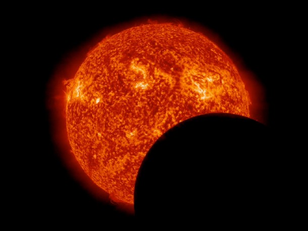 This image from NASA’s Solar Dynamics Observatory on Mar. 11, 2013, at 8:00 a.m. EDT, shows the moon crossing in front of the sun. Credit: NASA/SDO This image from NASA’s Solar Dynamics Observatory on Mar. 11, 2013, at 8:00 a.m. EDT, shows the moon crossing in front of the sun. Credit: NASA/SDO