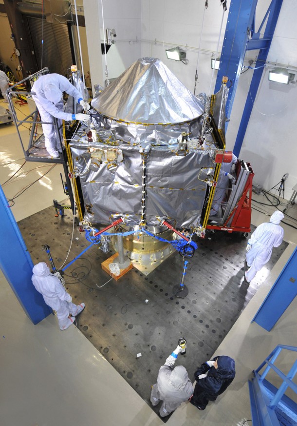 NASA’s MAVEN spacecraft undergoes acoustics testing on Feb. 13, 2013 at Lockheed Martin Space Systems’ Reverberant Acoustic Laboratory. The environmental test simulates the maximum sound and vibration levels the spacecraft will experience during launch. MAVEN is the next mission to Mars and will be the first mission devoted to understanding the Martian upper atmosphere. Credit: Lockheed Martin NASA’s MAVEN spacecraft undergoes acoustics testing on Feb. 13, 2013 at Lockheed Martin Space Systems’ Reverberant Acoustic Laboratory. The environmental test simulates the maximum sound and vibration levels the spacecraft will experience during launch. MAVEN is the next mission to Mars and will be the first mission devoted to understanding the Martian upper atmosphere. Credit: Lockheed Martin