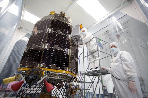 Engineers at NASA's Ames Research Center, Moffett Field, Calif., prepare NASA's Lunar Atmosphere and Dust Environment Explorer (LADEE) Observatory for acoustic environmental testing. Image credit: NASA Ames Engineers at NASA's Ames Research Center, Moffett Field, Calif., prepare NASA's Lunar Atmosphere and Dust Environment Explorer (LADEE) Observatory for acoustic environmental testing. Image credit: NASA Ames
