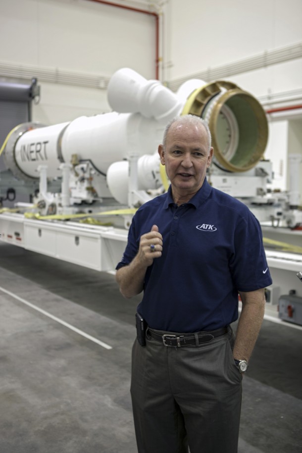 Brian Duffy, ATK Aerospace Systems' vice president and manager of Exploration Systems, talks with members of the media during a viewing of ATK’s launch abort motor inside the Launch Abort System Facility at Kennedy Space Center. Photo credit: NASA/Dimitri Gerondidakis Brian Duffy, ATK Aerospace Systems' vice president and manager of Exploration Systems, talks with members of the media during a viewing of ATK’s launch abort motor inside the Launch Abort System Facility at Kennedy Space Center. Photo credit: NASA/Dimitri Gerondidakis