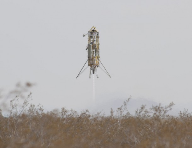 Masten's Xombie space-access technology demonstrator descends for landing after its highest and longest flight to date, guided by Draper Labs' GENIE navigation and control system. Masten's Xombie space-access technology demonstrator descends for landing after its highest and longest flight to date, guided by Draper Labs' GENIE navigation and control system.