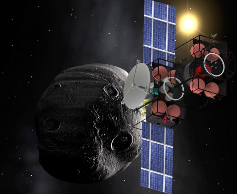 An intercept satellite races toward an asteroid. Studies by Iowa State University's Bong Wie indicate such a vehicle could blast apart asteroids that threaten Earth. Larger image. Image courtesy of Iowa State's Asteroid Deflection Research Center. An intercept satellite races toward an asteroid. Studies by Iowa State University's Bong Wie indicate such a vehicle could blast apart asteroids that threaten Earth. Larger image. Image courtesy of Iowa State's Asteroid Deflection Research Center.