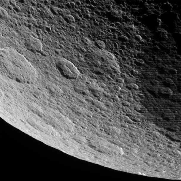 This image was taken on March 09, 2013, and received on Earth March 10, 2013, by NASA's Cassini spacecraft. The camera was pointing toward Rhea at approximately 39,072 miles (62,880 kilometers) away, and the image was taken using the CL1 and CL2 filters. Image Credit: NASA/JPL/Space Science Institute This image was taken on March 09, 2013, and received on Earth March 10, 2013, by NASA's Cassini spacecraft. The camera was pointing toward Rhea at approximately 39,072 miles (62,880 kilometers) away, and the image was taken using the CL1 and CL2 filters. Image Credit: NASA/JPL/Space Science Institute