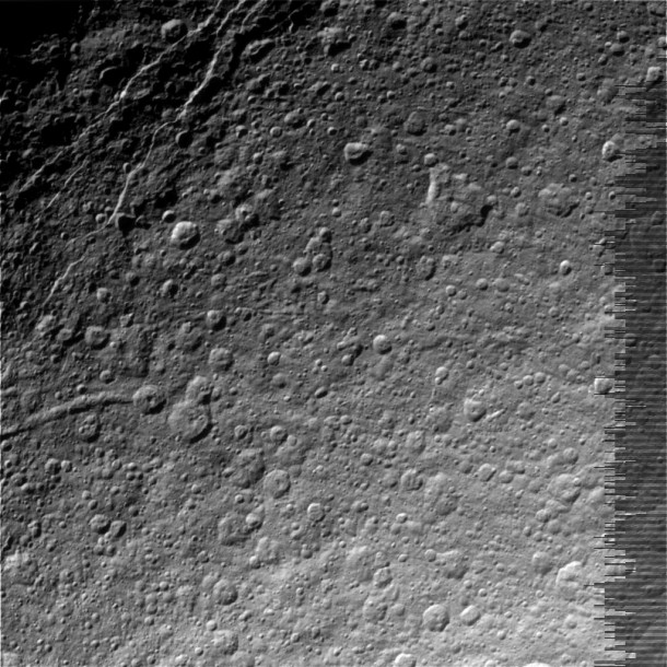 This image was taken on March 09, 2013, and received on Earth March 10, 2013, by NASA's Cassini spacecraft. The camera was pointing toward Rhea at approximately 49,360 miles (79,438 kilometers) away, and the image was taken using the CL1 and CL2 filters. Image Credit: NASA/JPL/Space Science Institute This image was taken on March 09, 2013, and received on Earth March 10, 2013, by NASA's Cassini spacecraft. The camera was pointing toward Rhea at approximately 49,360 miles (79,438 kilometers) away, and the image was taken using the CL1 and CL2 filters. Image Credit: NASA/JPL/Space Science Institute