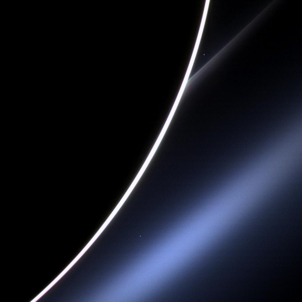 Dawn on Saturn is greeted across the vastness of interplanetary space by the morning star, Venus, in this image from NASA's Cassini spacecraft. Venus appears just off the edge of the planet, in the upper part of the image, directly above the white streak of Saturn's G ring. Lower down, Saturn's E ring makes an appearance, looking blue thanks to the scattering properties of the dust that comprises the ring. A bright spot near the E ring is a distant star. Image Credit: NASA/JPL-Caltech/Space Science Institute Image credit: NASA/JPL-Caltech/Space Science Institute Dawn on Saturn is greeted across the vastness of interplanetary space by the morning star, Venus, in this image from NASA's Cassini spacecraft. Venus appears just off the edge of the planet, in the upper part of the image, directly above the white streak of Saturn's G ring. Lower down, Saturn's E ring makes an appearance, looking blue thanks to the scattering properties of the dust that comprises the ring. A bright spot near the E ring is a distant star. Image Credit: NASA/JPL-Caltech/Space Science Institute Image credit: NASA/JPL-Caltech/Space Science Institute