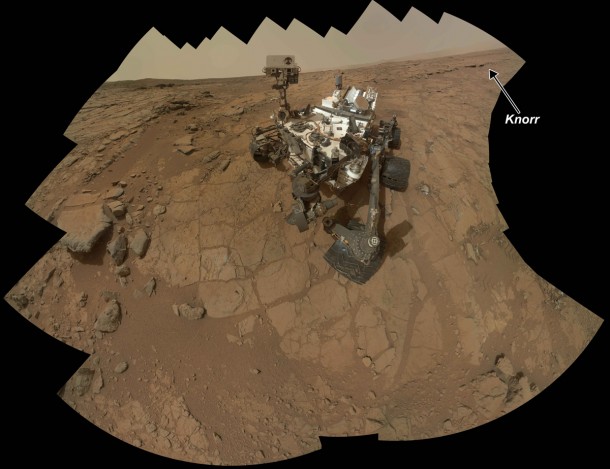 The location of a rock target called "Knorr" is indicated on this self-portrait of the Curiosity rover in the "Yellowknife Bay" area. Image credit: NASA/JPL-Caltech/MSSS The location of a rock target called "Knorr" is indicated on this self-portrait of the Curiosity rover in the "Yellowknife Bay" area. Image credit: NASA/JPL-Caltech/MSSS