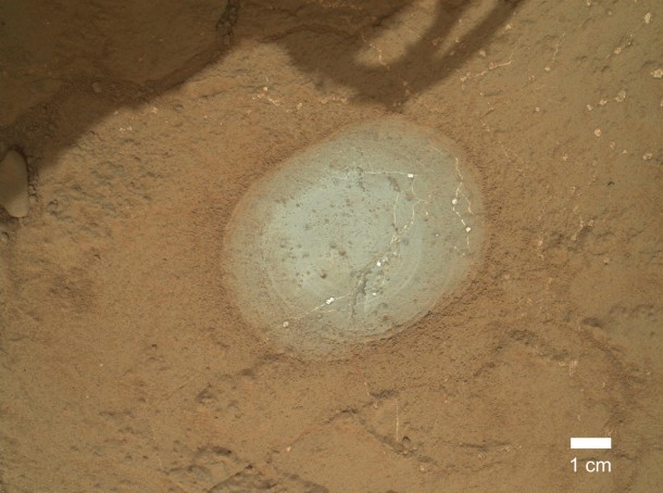 The gray area in the center of this image is where the Dust Removal Tool on the robotic arm of NASA's Mars rover Curiosity brushed a rock target called "Wernecke." Image credit: NASA/JPL-Caltech/MSSS The gray area in the center of this image is where the Dust Removal Tool on the robotic arm of NASA's Mars rover Curiosity brushed a rock target called "Wernecke." Image credit: NASA/JPL-Caltech/MSSS