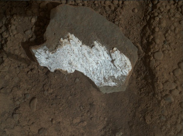 This close-up view of "Tintina" was taken by the rover's Mars Hand Lens Imager (MAHLI) on Sol 160 (Jan. 17, 2013) and shows interesting linear textures in the bright white material on the rock. Image credit: NASA/JPL-Caltech/MSSS This close-up view of "Tintina" was taken by the rover's Mars Hand Lens Imager (MAHLI) on Sol 160 (Jan. 17, 2013) and shows interesting linear textures in the bright white material on the rock. Image credit: NASA/JPL-Caltech/MSSS