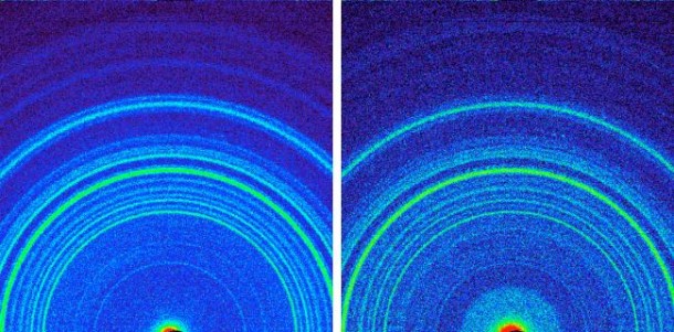 This side-by-side comparison shows the X-ray diffraction patterns of two different samples collected from the Martian surface by NASA's Curiosity rover. Image credit: NASA/JPL-Caltech/Ames This side-by-side comparison shows the X-ray diffraction patterns of two different samples collected from the Martian surface by NASA's Curiosity rover. Image credit: NASA/JPL-Caltech/Ames