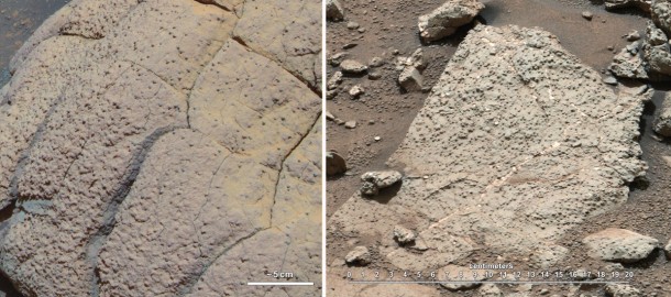 Two Different Aqueous Environments: This set of images compares rocks seen by NASA's Opportunity rover and Curiosity rover at two different parts of Mars. On the left is " Wopmay" rock, in Endurance Crater, Meridiani Planum, as studied by the Opportunity rover. Two Different Aqueous Environments: This set of images compares rocks seen by NASA's Opportunity rover and Curiosity rover at two different parts of Mars. On the left is " Wopmay" rock, in Endurance Crater, Meridiani Planum, as studied by the Opportunity rover.