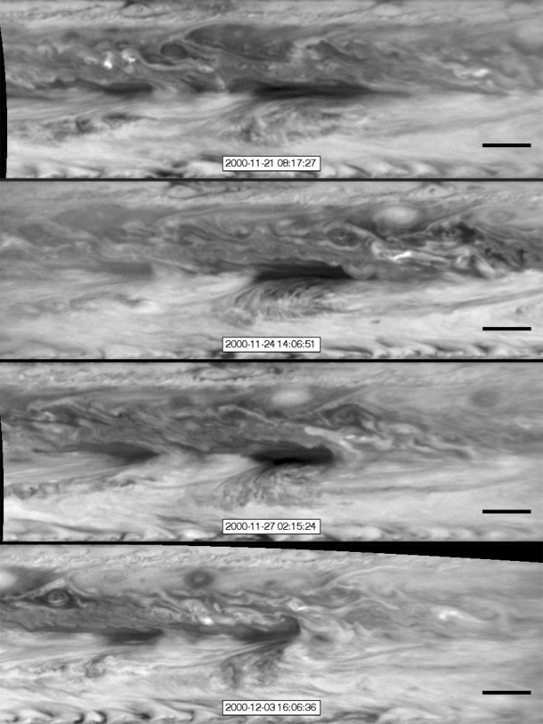 In this series of images from NASA's Cassini spacecraft, a dark, rectangular hot spot (top) interacts with a line of vortices that approaches from on the upper-right side (second panel). Image credit: NASA/JPL-Caltech/SSI/GSFC In this series of images from NASA's Cassini spacecraft, a dark, rectangular hot spot (top) interacts with a line of vortices that approaches from on the upper-right side (second panel). Image credit: NASA/JPL-Caltech/SSI/GSFC