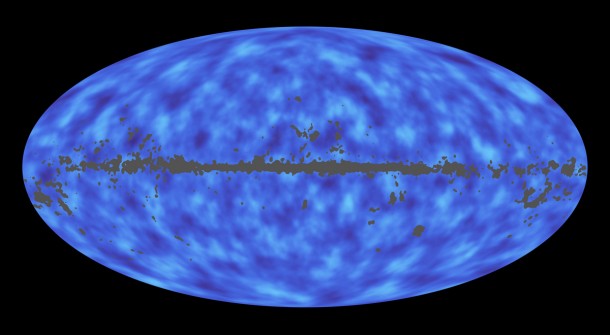 This full-sky map from the Planck mission shows matter between Earth and the edge of the observable universe. Regions with less mass show up as lighter areas while regions with more mass are darker. Image credit: ESA/NASA/JPL-Caltech This full-sky map from the Planck mission shows matter between Earth and the edge of the observable universe. Regions with less mass show up as lighter areas while regions with more mass are darker. Image credit: ESA/NASA/JPL-Caltech