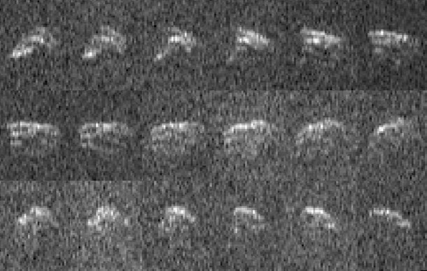 These radar images of asteroid 2013 ET were obtained when the asteroid was about 693,000 miles (1.1 million kilometers / 2.9 lunar distances) from Earth. Image credit: NASA/JPL-Caltech/GSSR These radar images of asteroid 2013 ET were obtained when the asteroid was about 693,000 miles (1.1 million kilometers / 2.9 lunar distances) from Earth. Image credit: NASA/JPL-Caltech/GSSR