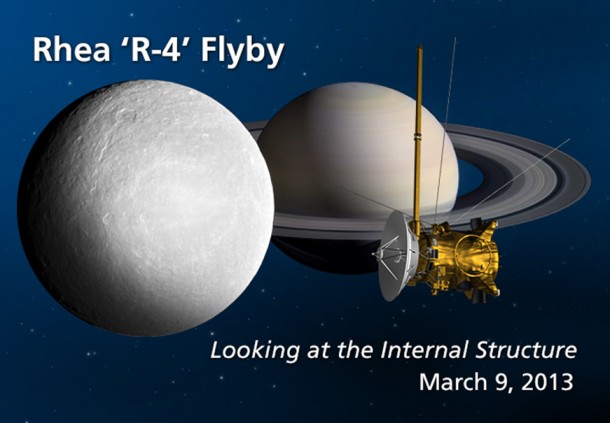 NASA's Cassini spacecraft will be flying close to Saturn's moon Rhea on Saturday, March 9, the last close encounter of Rhea planned for the rest of Cassini's mission. Image credit: NASA/JPL-Caltech NASA's Cassini spacecraft will be flying close to Saturn's moon Rhea on Saturday, March 9, the last close encounter of Rhea planned for the rest of Cassini's mission. Image credit: NASA/JPL-Caltech