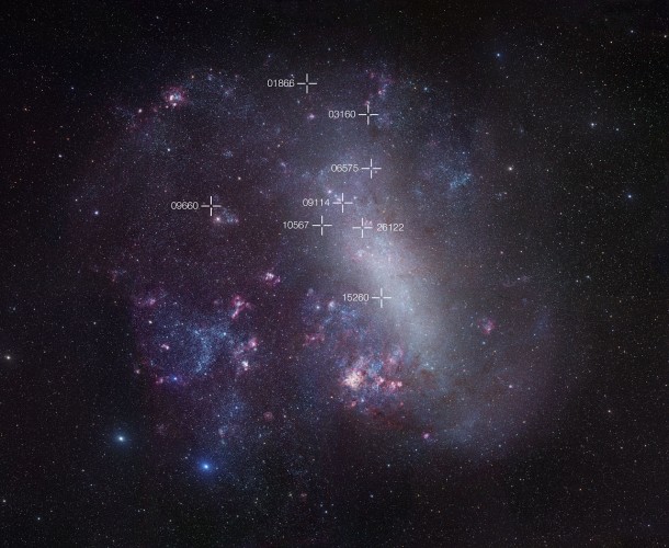 This photograph shows the Large Magellanic Cloud, a neighbouring galaxy to the Milky Way. The positions of eight faint and rare cool eclipsing binary stars are marked with crosses (these objects are too faint to appear directly in this picture). By studying how their light changes, and other properties of these systems, astronomers can measure the distances to eclipsing binaries very accurately. A long series of observations of these objects has now led to the most accurate determination so far of the distance to the Large Magellanic Cloud — a crucial step in the determination of distances across the Universe. Credit: ESO/R. Gendler This photograph shows the Large Magellanic Cloud, a neighbouring galaxy to the Milky Way. The positions of eight faint and rare cool eclipsing binary stars are marked with crosses (these objects are too faint to appear directly in this picture). By studying how their light changes, and other properties of these systems, astronomers can measure the distances to eclipsing binaries very accurately. A long series of observations of these objects has now led to the most accurate determination so far of the distance to the Large Magellanic Cloud — a crucial step in the determination of distances across the Universe. Credit: ESO/R. Gendler
