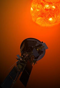 An artist's concept of Solar Probe Plus approaching the sun where it can test the ion cyclotron theory. An artist's concept of Solar Probe Plus approaching the sun where it can test the ion cyclotron theory.