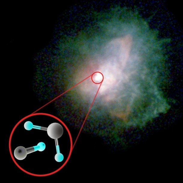 Gone with the stellar wind: an extended dusty nebula surrounds VY CMa in the constellation Big Dog, one of the largest known stars in the universe. In the atmosphere of this huge sun, astronomers discovered the molecules TiO and TiO2. © Molecule symbols: CDMS/T. Kamiński. Background image: NASA/ESA and R. Humphreys (University of Minnesota). Gone with the stellar wind: an extended dusty nebula surrounds VY CMa in the constellation Big Dog, one of the largest known stars in the universe. In the atmosphere of this huge sun, astronomers discovered the molecules TiO and TiO2. © Molecule symbols: CDMS/T. Kamiński. Background image: NASA/ESA and R. Humphreys (University of Minnesota).