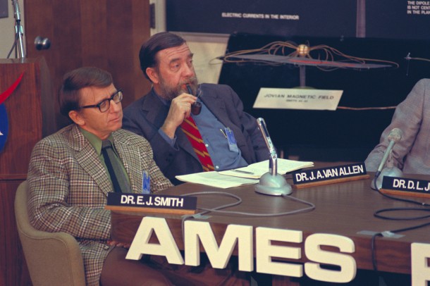 Legendary space scientist James van Allen is seen smoking a pipe alongside physicist Edward Smith at a Pioneer 11 press conference in 1974. Image credit: NASA Ames Legendary space scientist James van Allen is seen smoking a pipe alongside physicist Edward Smith at a Pioneer 11 press conference in 1974. Image credit: NASA Ames