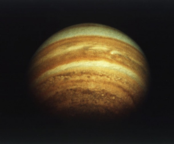 The planet Jupiter as seen from above its north pole by Pioneer 11. The pole itself is roughly on the line of the terminator (boundary between Jovian day and night) across the top of the planet. Image credit: NASA Ames The planet Jupiter as seen from above its north pole by Pioneer 11. The pole itself is roughly on the line of the terminator (boundary between Jovian day and night) across the top of the planet. Image credit: NASA Ames