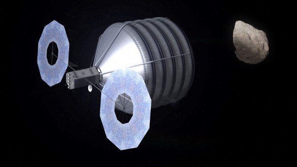 A notional concept of a solar-electric-powered spacecraft designed to capture an asteroid and relocate it close to Earth so astronauts can explore it. Image credit: NASA A notional concept of a solar-electric-powered spacecraft designed to capture an asteroid and relocate it close to Earth so astronauts can explore it. Image credit: NASA