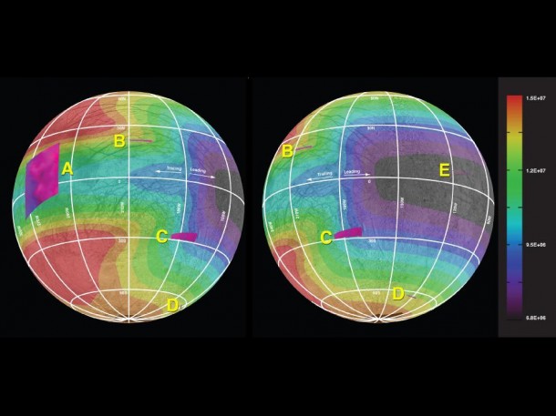 This graphic of Jupiter's moon Europa maps a relationship between the amount of energy deposited onto the moon from charged-particle bombardment and the chemical contents of ice deposits on the surface in five areas of the moon (labeled A through E). Credit: NASA/JPL-Caltech/Univ. of Ariz./JHUAPL/Univ. of Colo. This graphic of Jupiter's moon Europa maps a relationship between the amount of energy deposited onto the moon from charged-particle bombardment and the chemical contents of ice deposits on the surface in five areas of the moon (labeled A through E). Credit: NASA/JPL-Caltech/Univ. of Ariz./JHUAPL/Univ. of Colo.