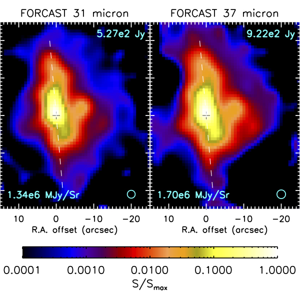 Figures 1a and 1b show the G35 protostar at wavelengths of 31 and 37 microns taken by the FORCAST instrument on the SOFIA observatory's infrared telescope in 2011. (Zhang et al. 2013, Astrophysical Journal) Figures 1a and 1b show the G35 protostar at wavelengths of 31 and 37 microns taken by the FORCAST instrument on the SOFIA observatory's infrared telescope in 2011. (Zhang et al. 2013, Astrophysical Journal)