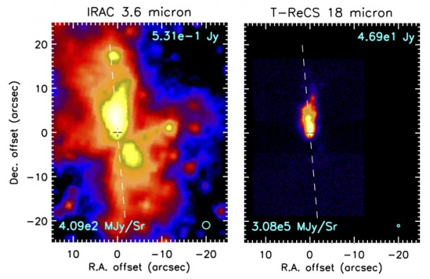 Figures 2a (left) and 2b (right) present G35 protostar images obtained by NASA's Spitzer Space Telescope and the Gemini-North telescope at Mauna Kea, Hawaii. (Zhang et al. 2013, Astrophysical Journal) Figures 2a (left) and 2b (right) present G35 protostar images obtained by NASA's Spitzer Space Telescope and the Gemini-North telescope at Mauna Kea, Hawaii. (Zhang et al. 2013, Astrophysical Journal)