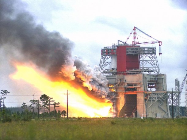 A test of the Saturn V first stage, S-1C-5, is conducted on Aug. 25, 1967, at Stennis Space Center. (NASA/SSC) A test of the Saturn V first stage, S-1C-5, is conducted on Aug. 25, 1967, at Stennis Space Center. (NASA/SSC)