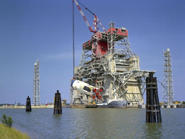 An Apollo Saturn S-IC rocket stage is removed from the B-1/B-2 Test Stand at Stennis Space Center on Aug. 28, 1968. (NASA/SSC) An Apollo Saturn S-IC rocket stage is removed from the B-1/B-2 Test Stand at Stennis Space Center on Aug. 28, 1968. (NASA/SSC)