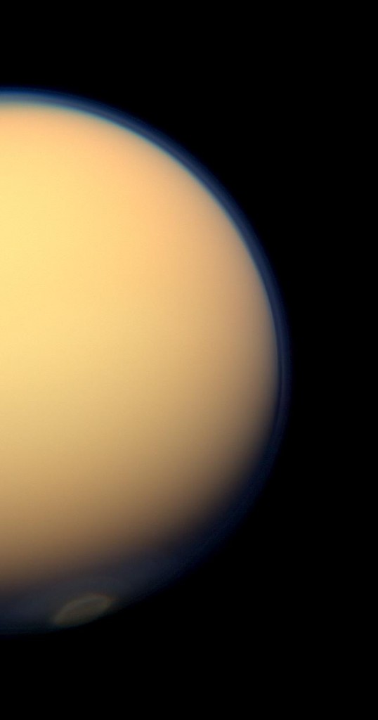 The recently formed south polar vortex stands out in the color-swaddled atmosphere of Saturn's largest moon, Titan, in this natural color view from NASA's Cassini spacecraft. Image credit: NASA/JPL-Caltech/Space Science Institute The recently formed south polar vortex stands out in the color-swaddled atmosphere of Saturn's largest moon, Titan, in this natural color view from NASA's Cassini spacecraft. Image credit: NASA/JPL-Caltech/Space Science Institute