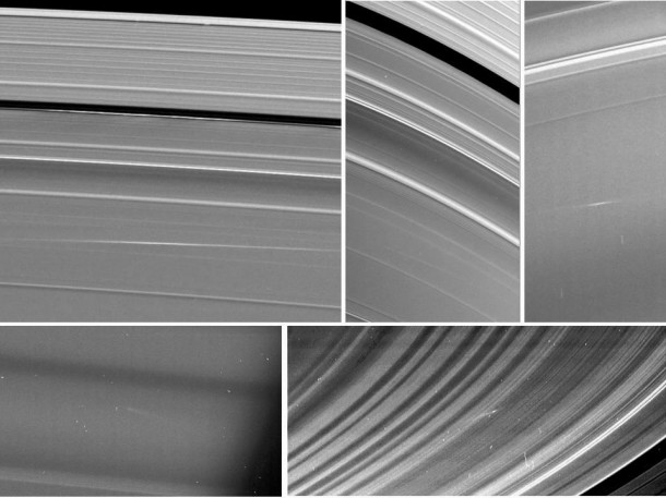 Five images of Saturn's rings, taken by NASA's Cassini spacecraft between 2009 and 2012, show clouds of material ejected from impacts of small objects into the rings. Image Credit: NASA/JPL-Caltech/Space Science Institute/Cornell Five images of Saturn's rings, taken by NASA's Cassini spacecraft between 2009 and 2012, show clouds of material ejected from impacts of small objects into the rings. Image Credit: NASA/JPL-Caltech/Space Science Institute/Cornell