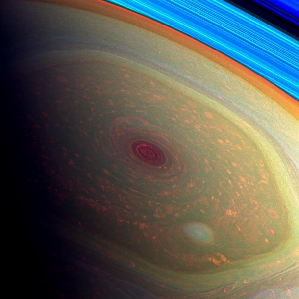 This spectacular, vertigo inducing, false-color image from NASA's Cassini mission highlights the storms at Saturn's north pole. Image credit: NASA/JPL-Caltech/SSI This spectacular, vertigo inducing, false-color image from NASA's Cassini mission highlights the storms at Saturn's north pole. Image credit: NASA/JPL-Caltech/SSI