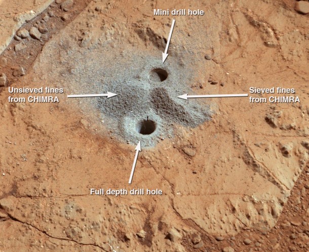 This image shows the first holes into rock drilled by NASA's Mars rover Curiosity, with drill tailings around the holes plus piles of powdered rock collected from the deeper hole and later discarded after other portions of the sample had been delivered to analytical instruments inside the rover. Image credit: NASA/JPL-Caltech/MSSS This image shows the first holes into rock drilled by NASA's Mars rover Curiosity, with drill tailings around the holes plus piles of powdered rock collected from the deeper hole and later discarded after other portions of the sample had been delivered to analytical instruments inside the rover. Image credit: NASA/JPL-Caltech/MSSS