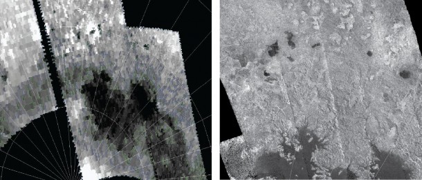 These images from NASA's Cassini spacecraft show one of the large seas and a bounty of smaller lakes on Saturn's moon Titan. Scientists saw these small lakes in data obtained by both Cassini's visual and infrared mapping spectrometer (left) and radar instrument (right). Image credit: NASA/JPL-Caltech/University of Arizona These images from NASA's Cassini spacecraft show one of the large seas and a bounty of smaller lakes on Saturn's moon Titan. Scientists saw these small lakes in data obtained by both Cassini's visual and infrared mapping spectrometer (left) and radar instrument (right). Image credit: NASA/JPL-Caltech/University of Arizona