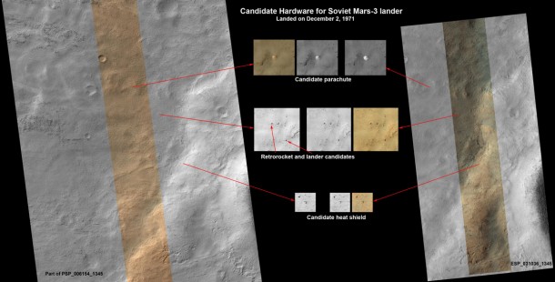 This set of images shows what might be hardware from the Soviet Union's 1971 Mars 3 lander, seen in a pair of images from the High Resolution Imaging Science Experiment (HiRISE) camera on NASA's Mars Reconnaissance Orbiter. Image credit: NASA/JPL-Caltech/Univ. of Arizona This set of images shows what might be hardware from the Soviet Union's 1971 Mars 3 lander, seen in a pair of images from the High Resolution Imaging Science Experiment (HiRISE) camera on NASA's Mars Reconnaissance Orbiter. Image credit: NASA/JPL-Caltech/Univ. of Arizona