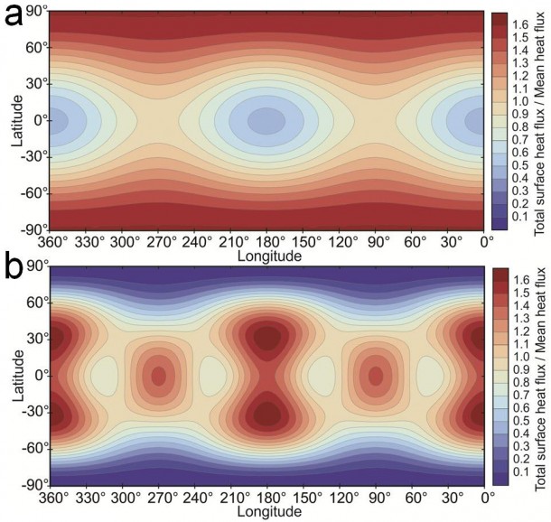 Io Predicted Heat Flow Map This map shows predicted heat flow at the surface of Jupiter's moon Io from two tidal-heating models. Red indicates areas where more heat is expected; blue where less heat is expected. Io Predicted Heat Flow Map This map shows predicted heat flow at the surface of Jupiter's moon Io from two tidal-heating models. Red indicates areas where more heat is expected; blue where less heat is expected.