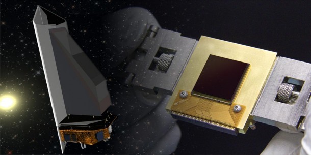 The NEOCam sensor (right) is the lynchpin for the proposed Near Earth Object Camera, or NEOCam, space mission (left). Image credit: NASA/JPL-Caltech/Teledyne The NEOCam sensor (right) is the lynchpin for the proposed Near Earth Object Camera, or NEOCam, space mission (left). Image credit: NASA/JPL-Caltech/Teledyne