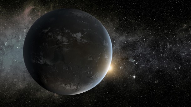 This artist's concept depicts in the foreground planet Kepler-62f, a super-Earth-size planet in the habitable zone of its star, which is seen peeking out from behind the right edge of the planet. Credit: NASA/Ames/JPL-Caltech This artist's concept depicts in the foreground planet Kepler-62f, a super-Earth-size planet in the habitable zone of its star, which is seen peeking out from behind the right edge of the planet. Credit: NASA/Ames/JPL-Caltech