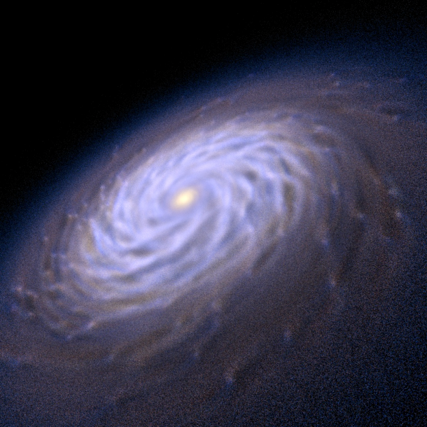 Powerful new computer simulations are allowing astronomers to understand how spiral arms in galaxies form and survive. These simulations suggest that the arms arise as a result of the influence of giant molecular clouds - star forming regions or nurseries common in galaxies. Introduced into the simulation, the clouds act as "perturbers" and are enough to not only initiate the formation of spiral arms but to sustain them indefinitely. In this frame from one such simulation, more than 100 million "stellar particles" form the familiar shape of a spiral galaxy. Credit: Thiago Ize & Chris Johnson (Scientific Computing and Imaging Institute) Powerful new computer simulations are allowing astronomers to understand how spiral arms in galaxies form and survive. These simulations suggest that the arms arise as a result of the influence of giant molecular clouds - star forming regions or nurseries common in galaxies. Introduced into the simulation, the clouds act as "perturbers" and are enough to not only initiate the formation of spiral arms but to sustain them indefinitely. In this frame from one such simulation, more than 100 million "stellar particles" form the familiar shape of a spiral galaxy. Credit: Thiago Ize & Chris Johnson (Scientific Computing and Imaging Institute)