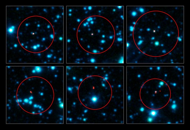 This image shows six of the galaxies as seen in the sharp new observations by ALMA (in red). The big red circles indicate the regions where galaxies had been detected by APEX. The earlier telescope did not have sharp enough images to pin down the identity of the galaxies, many candidates appear in each circle. The ALMA observations, at submillimetre wavelengths, are overlaid on an infrared view of the region as seen by the IRAC camera on the Spitzer Space Telescope (coloured blue). Credit: ALMA (ESO/NAOJ/NRAO), APEX (MPIfR/ESO/OSO), J. Hodge et al., A. Weiss et al., NASA Spitzer Science Center This image shows six of the galaxies as seen in the sharp new observations by ALMA (in red). The big red circles indicate the regions where galaxies had been detected by APEX. The earlier telescope did not have sharp enough images to pin down the identity of the galaxies, many candidates appear in each circle. The ALMA observations, at submillimetre wavelengths, are overlaid on an infrared view of the region as seen by the IRAC camera on the Spitzer Space Telescope (coloured blue). Credit: ALMA (ESO/NAOJ/NRAO), APEX (MPIfR/ESO/OSO), J. Hodge et al., A. Weiss et al., NASA Spitzer Science Center